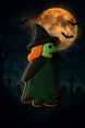 5 inch Standing Witch Metal Cookie Cutter shaped green witch cookie against a spooky moonlit backdrop.