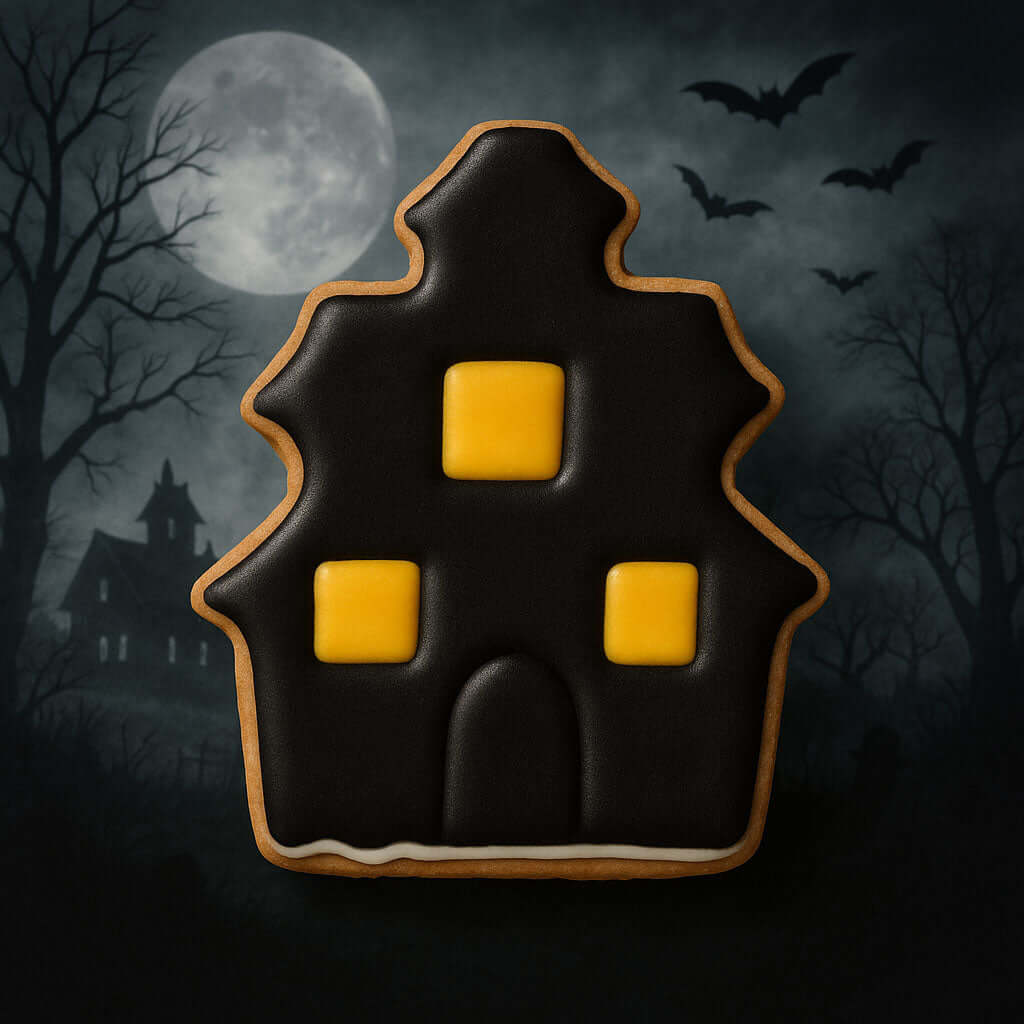 Halloween-themed cookie shaped like a haunted house with black icing and yellow squares on a dark background from a 3.5 inch Haunted House Metal Cookie Cutter