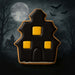 Halloween-themed cookie shaped like a haunted house with black icing and yellow squares on a dark background from a 3.5 inch Haunted House Metal Cookie Cutter