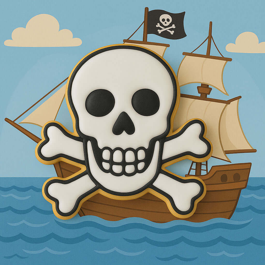 Pirate ship with skull and crossbones designed cookie on a blue background from a 3.25 inch Skull and Crossbones Metal Cookie Cutter
