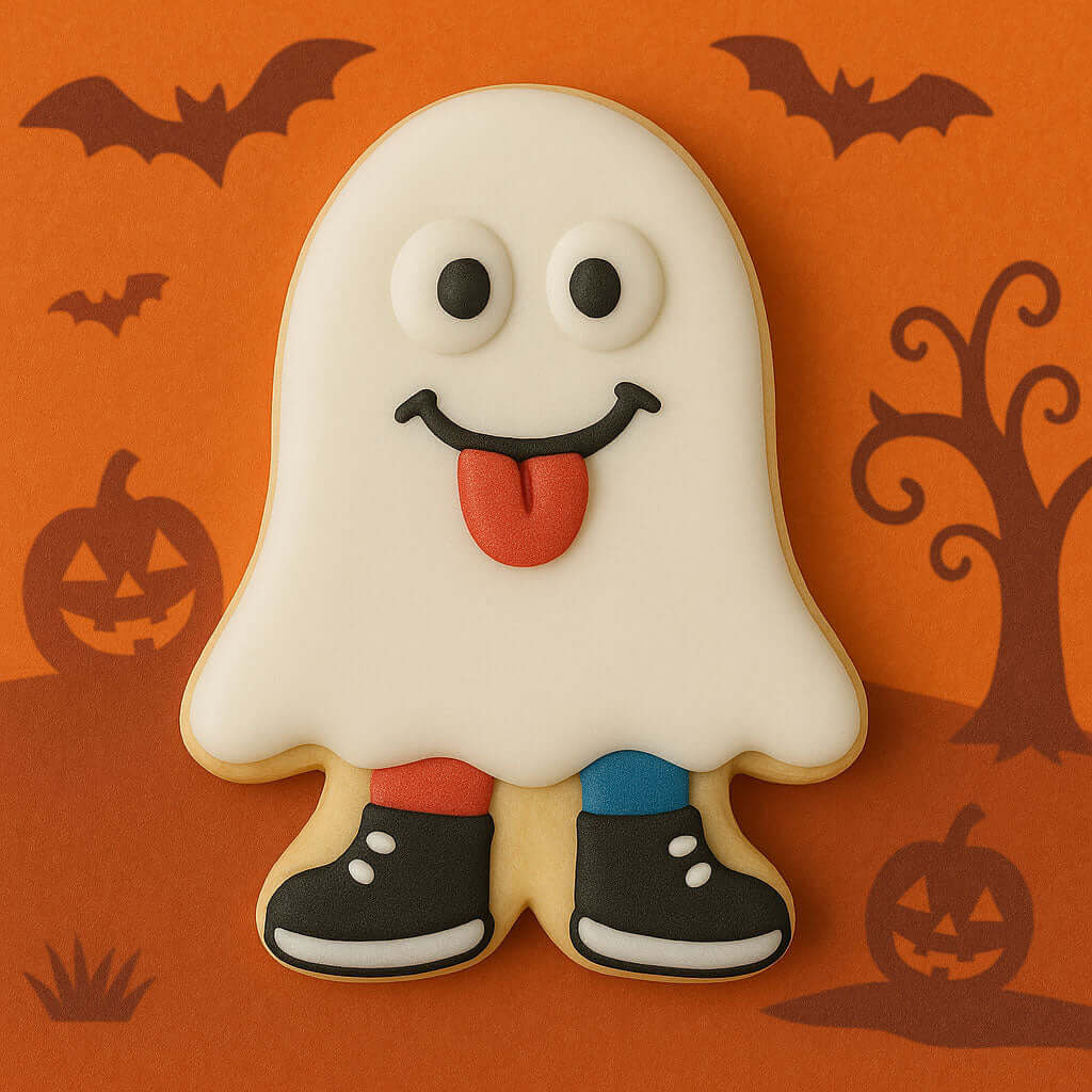 4 inch Ghost Halloween Costume Metal Cookie Cutter cookie decorated with ghost face on orange background with Halloween theme.