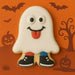 4 inch Ghost Halloween Costume Metal Cookie Cutter cookie decorated with ghost face on orange background with Halloween theme.