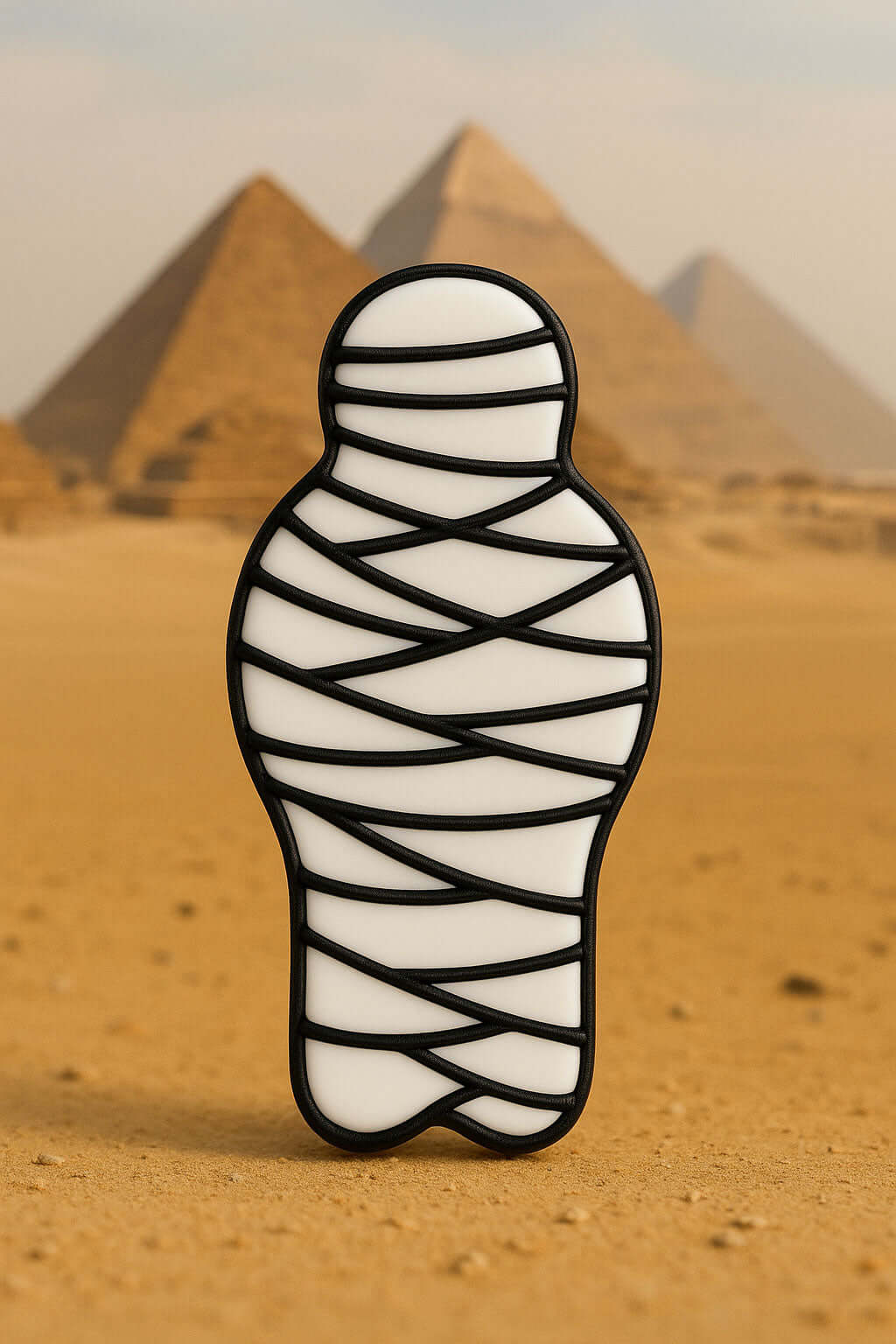 Mummy-shaped cookie with pyramids in the background from a 5 inch Mummy Metal Cookie Cutter