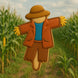 4 inch Scarecrow Metal Cookie Cutter shaped cookie decorated in a cornfield, perfect for autumn baking.
