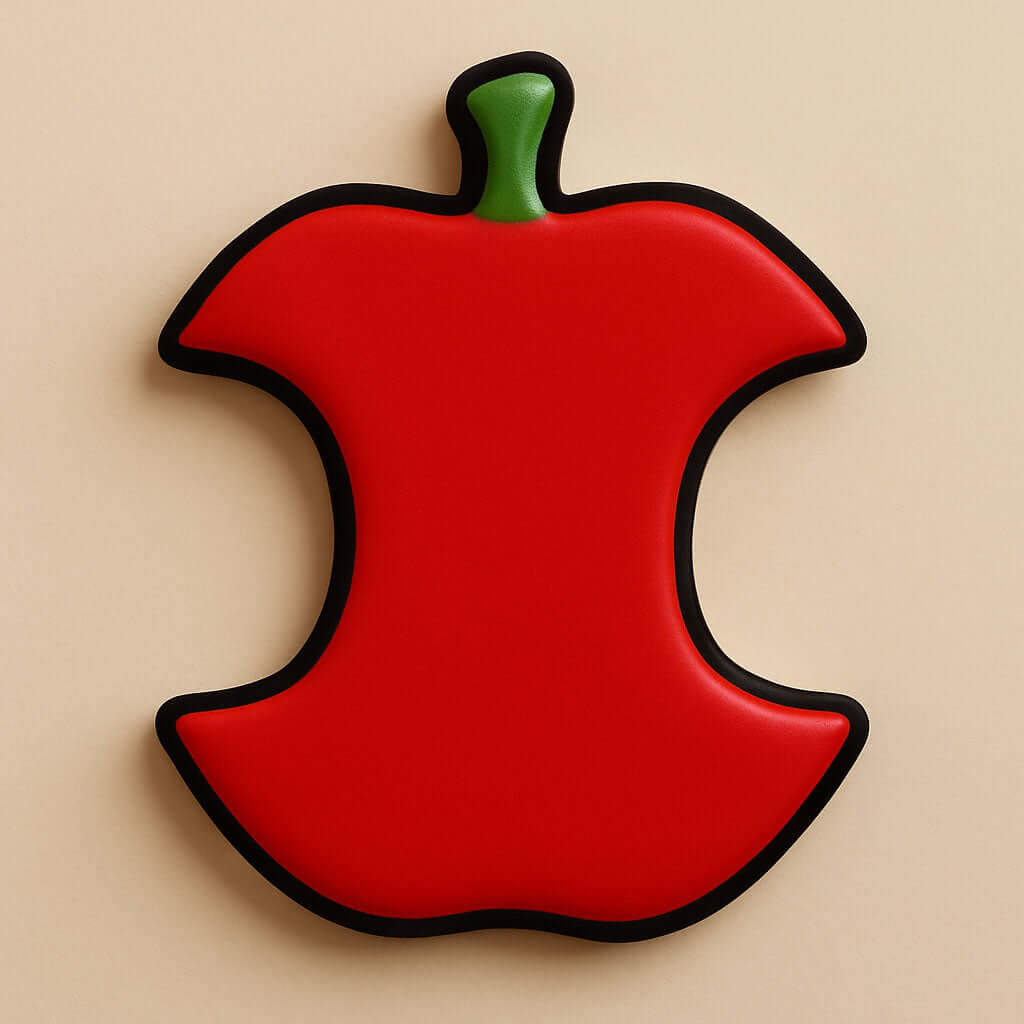Red apple core-shaped cookie with a green stem on a beige background for a 4 inch Apple Core Metal Cookie Cutter