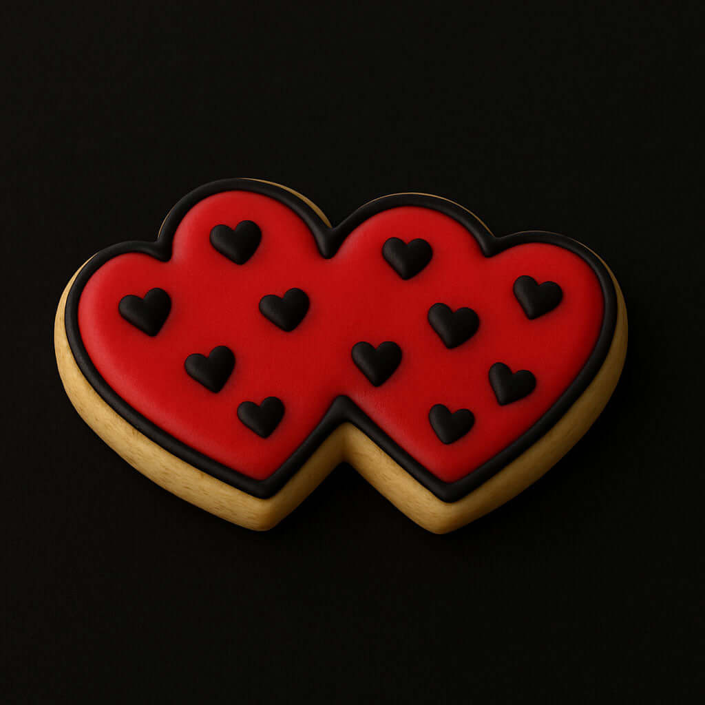 Two heart-shaped cookies with red icing and black heart decorations on a black  background from a 3.5 inch Double Heart Metal Cookie Cutter