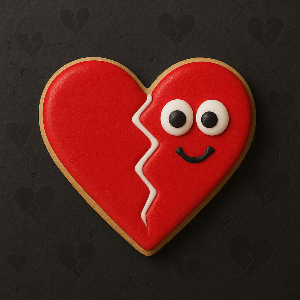 Heart-shaped cookie with a broken design and facial features on a dark background from a 4 inch Heart Metal Cookie Cutter