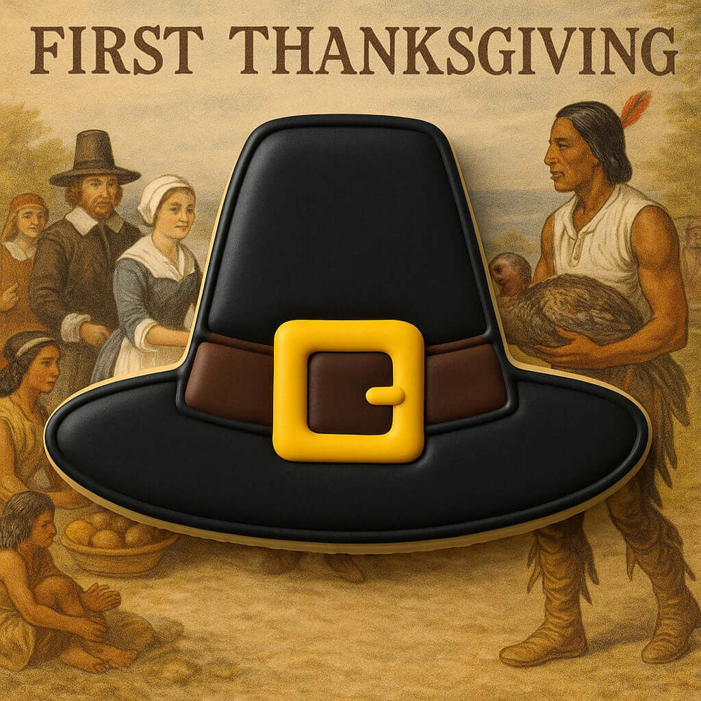 4 inch Pilgrim's Hat Metal Cookie Cutter displayed with First Thanksgiving illustration.