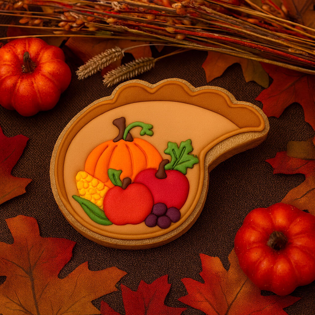 3 inch Cornucopia Metal Cookie Cutter with colorful fall fruits design on a warm autumn background.