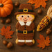 Cookie in the shape of a pilgrim with autumn elements like pumpkins, leaves, and corn on a wooden background from a 4 inch Pilgrim Metal Cookie Cutter