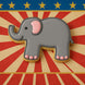 Cookie shaped like an elephant on a circus-themed background with red, yellow, and blue colors from a 3 inch Elephant Metal Cookie Cutter
