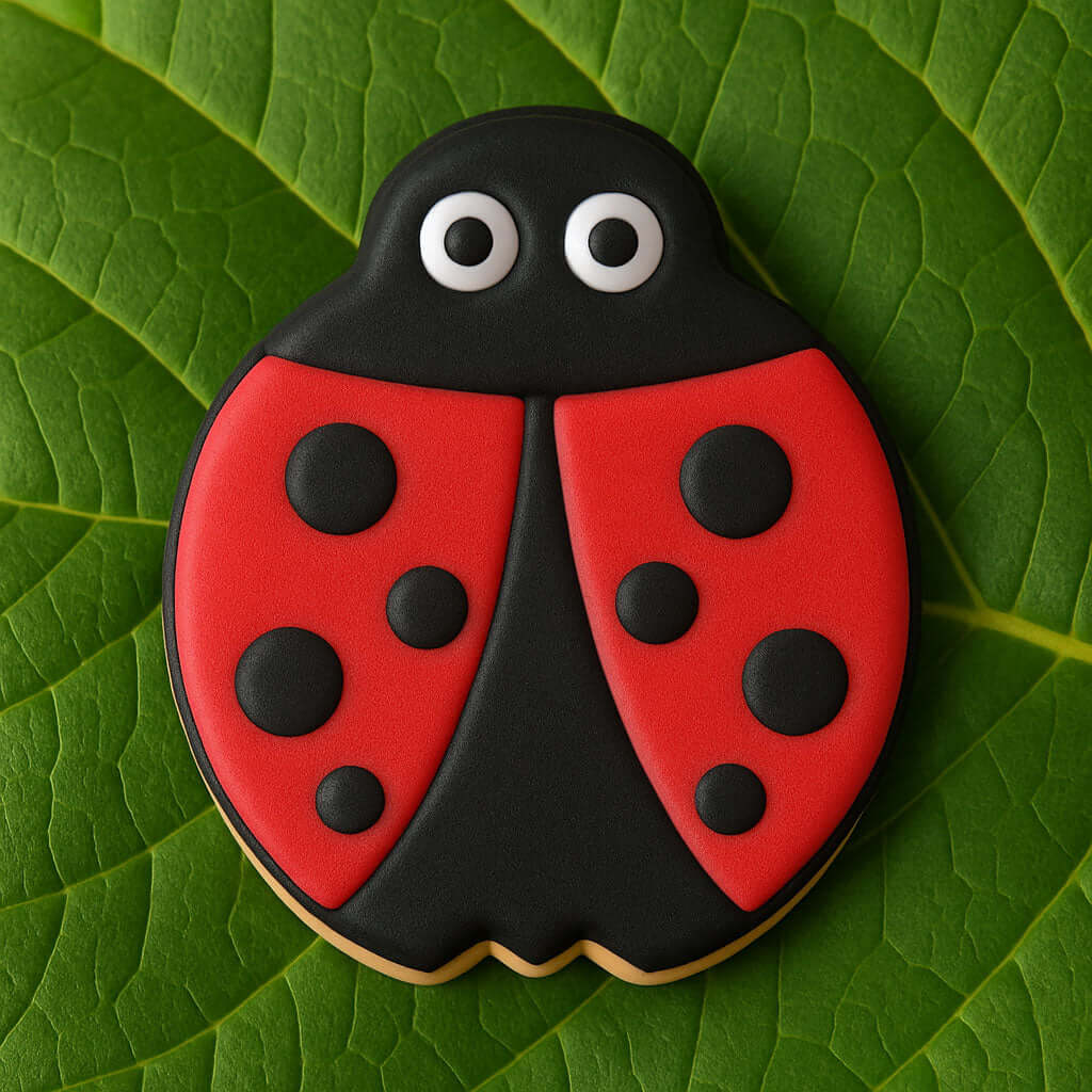 Cookie shaped like a ladybug on a green leaf from a 3 inch Ladybug Metal Cookie Cutter