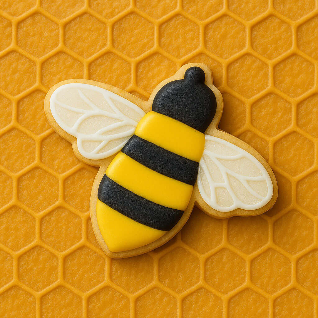 Cookie shaped like a bee on a honeycomb background from a 3 inch Bee Metal Cookie Cutter