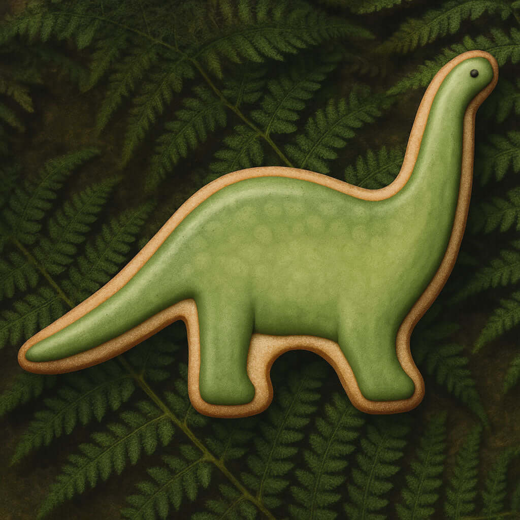 Green dinosaur-shaped cookie on a green leafy background from a 6 inch Brontosaurus Metal Cookie Cutter