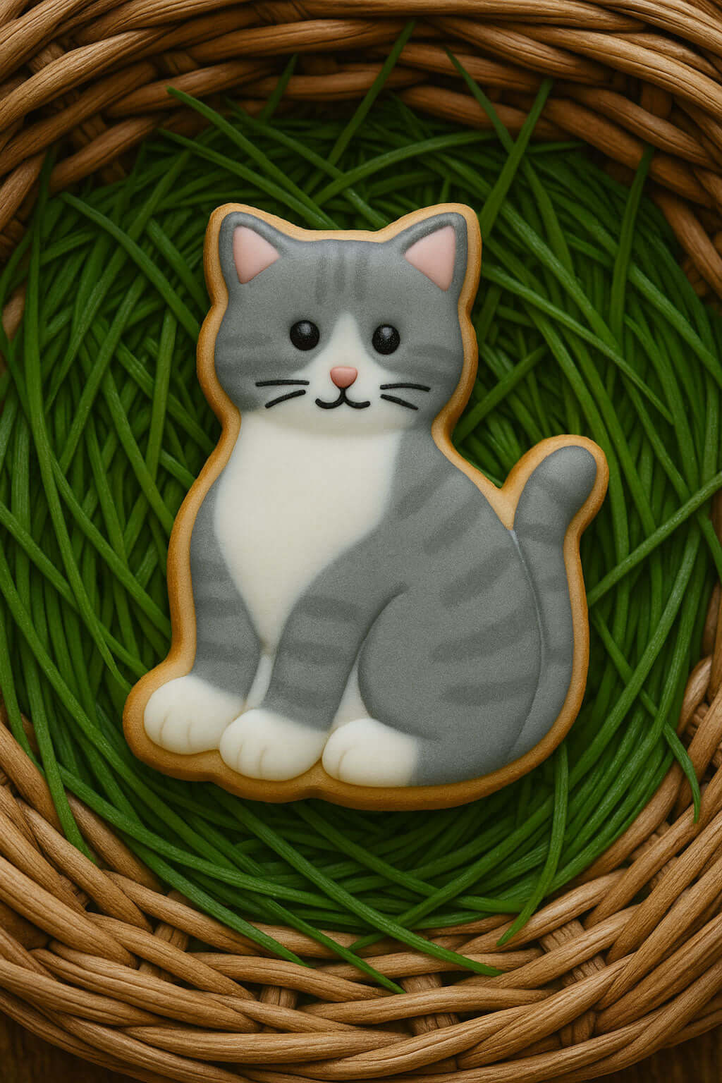Kitten-shaped cookie on a bed of green grass in a woven basket from a 3 inch Kitten Metal Cookie Cutter