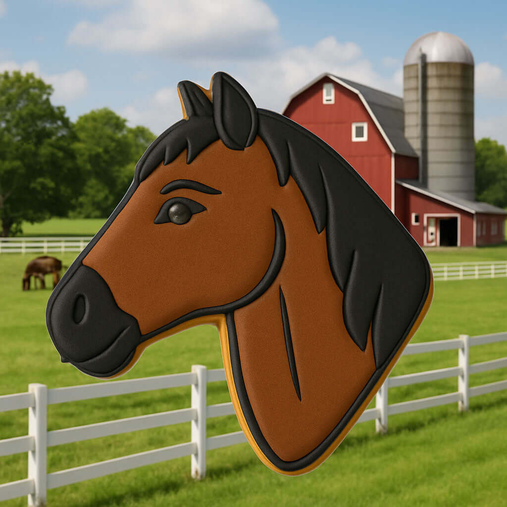 4.5 inch Horse Head Metal Cookie Cutter displayed alongside a barn and green pasture.