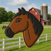 4.5 inch Horse Head Metal Cookie Cutter displayed alongside a barn and green pasture.