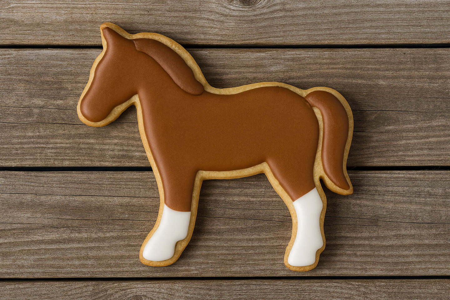 4 inch Horse Metal Cookie Cutter shaped cookie decorated with brown icing and white hooves on wooden background.