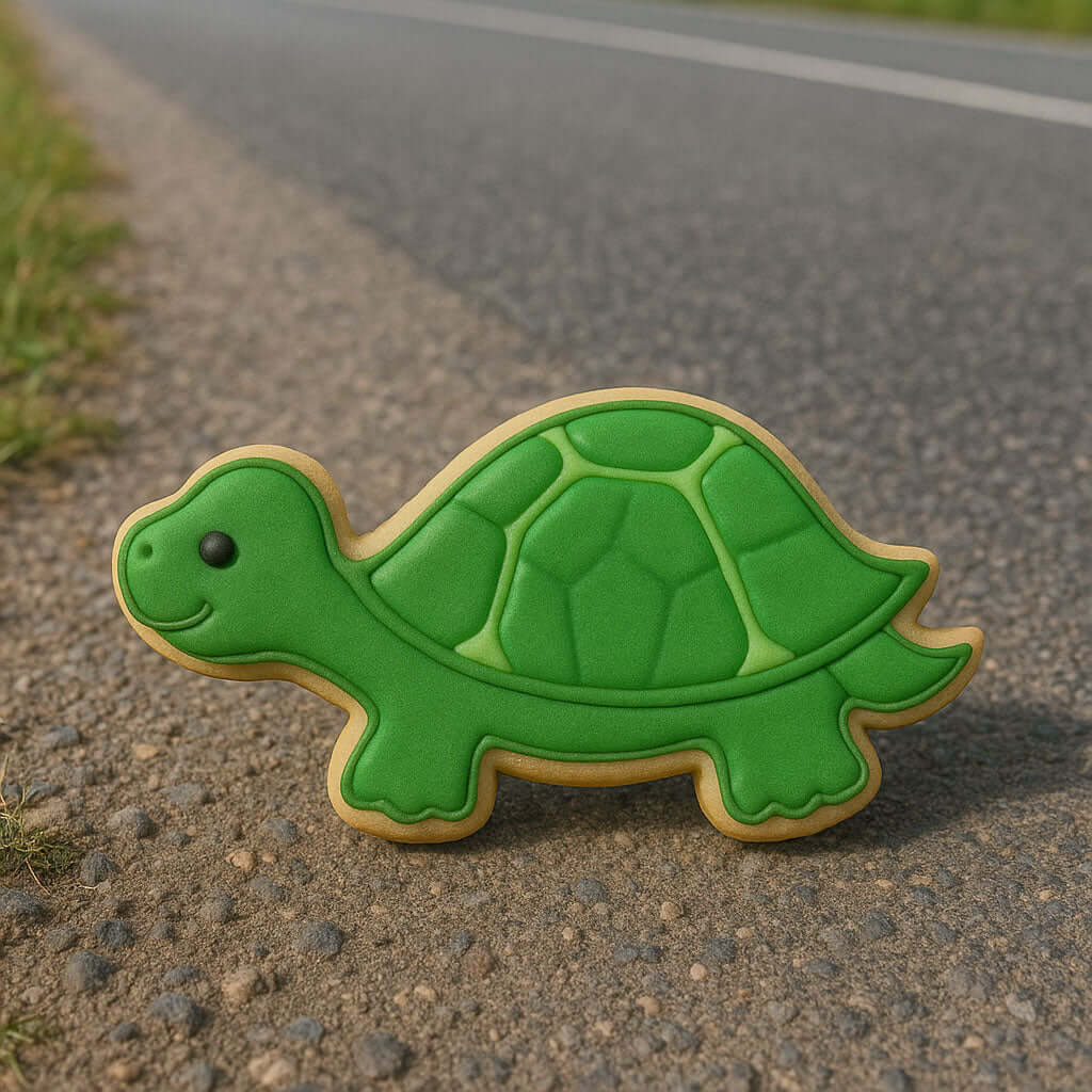 Green turtle-shaped cookie on a road from a 4.75 inch Turtle Metal Cookie Cutter