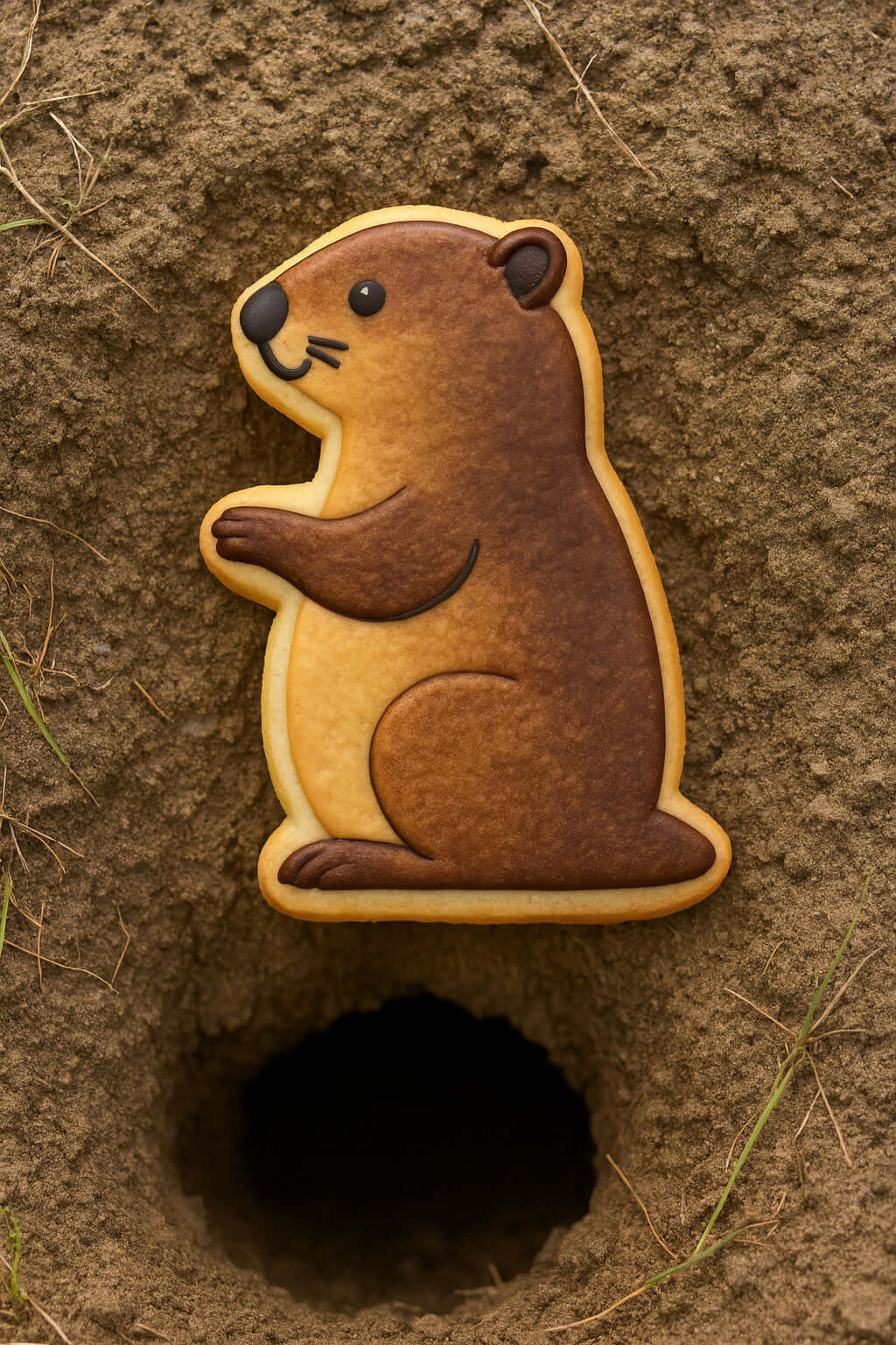 Cookie shaped like a groundhog on a sandy background from a 3.25 inch Groundhog Metal Cookie Cutter
