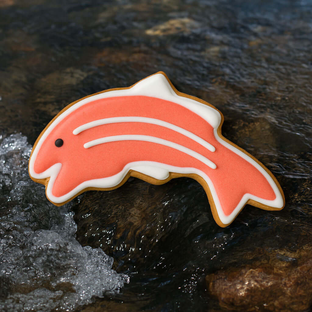 5 inch Salmon Fish Metal Cookie Cutter shaped cookie on a rocky surface near water.