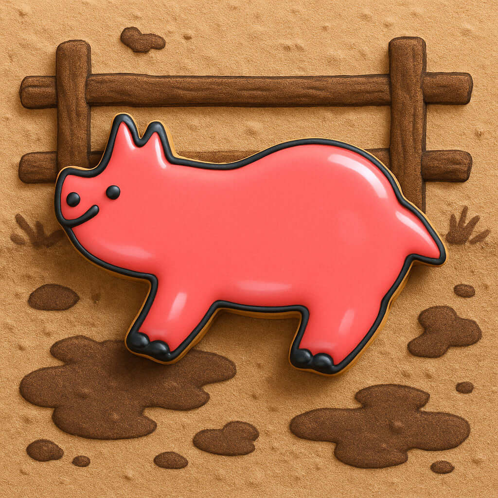 pink cookie shaped like a pig with a brown background from a 3.75 inch Pig Metal Cookie Cutter
