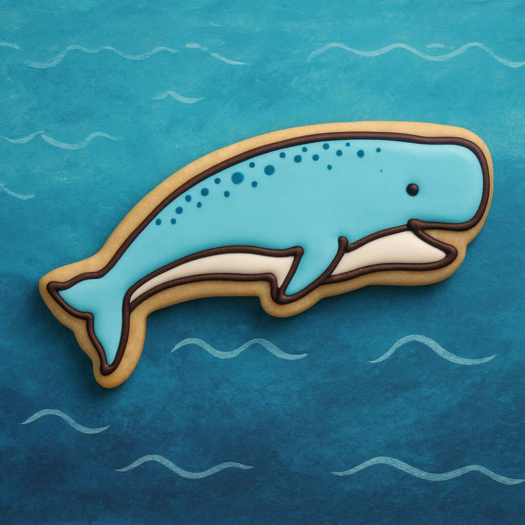 Deliciously decorated cookie shaped like a whale, made using the 4 inch Jumping Whale Metal Cookie Cutter.