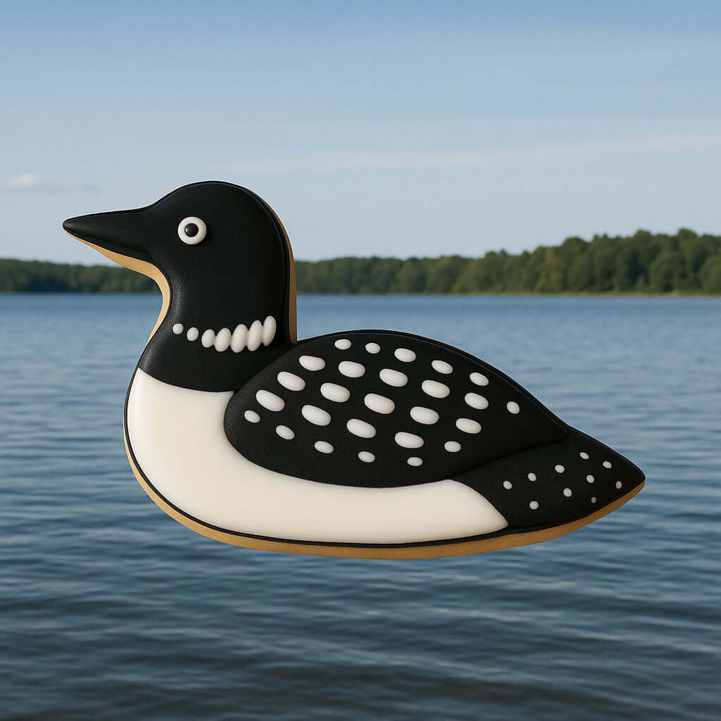 Loon-shaped cookie on a body of water with trees in the background from a 4.75 inch Loon Metal Cookie Cutter