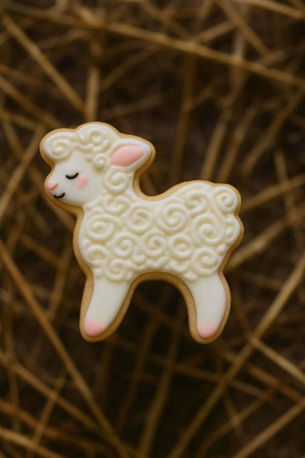 Decorative cookie shaped like a lamb on a textured brown background from a 3.25 inch Standing Lamb Metal Cookie Cutter