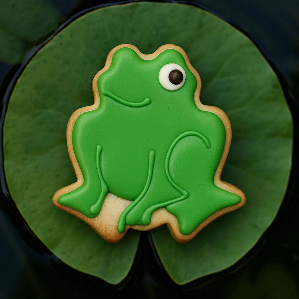 Green frog-shaped cookie on a green leaf from a 3 inch Frog Metal Cookie Cutter