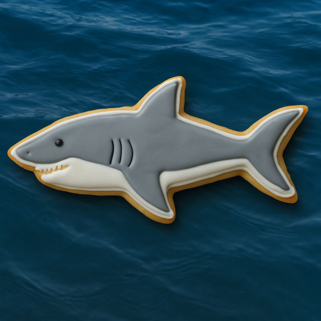 4 inch Shark Metal Cookie Cutter shaped cookie decorated with gray and white icing on a blue ocean background.