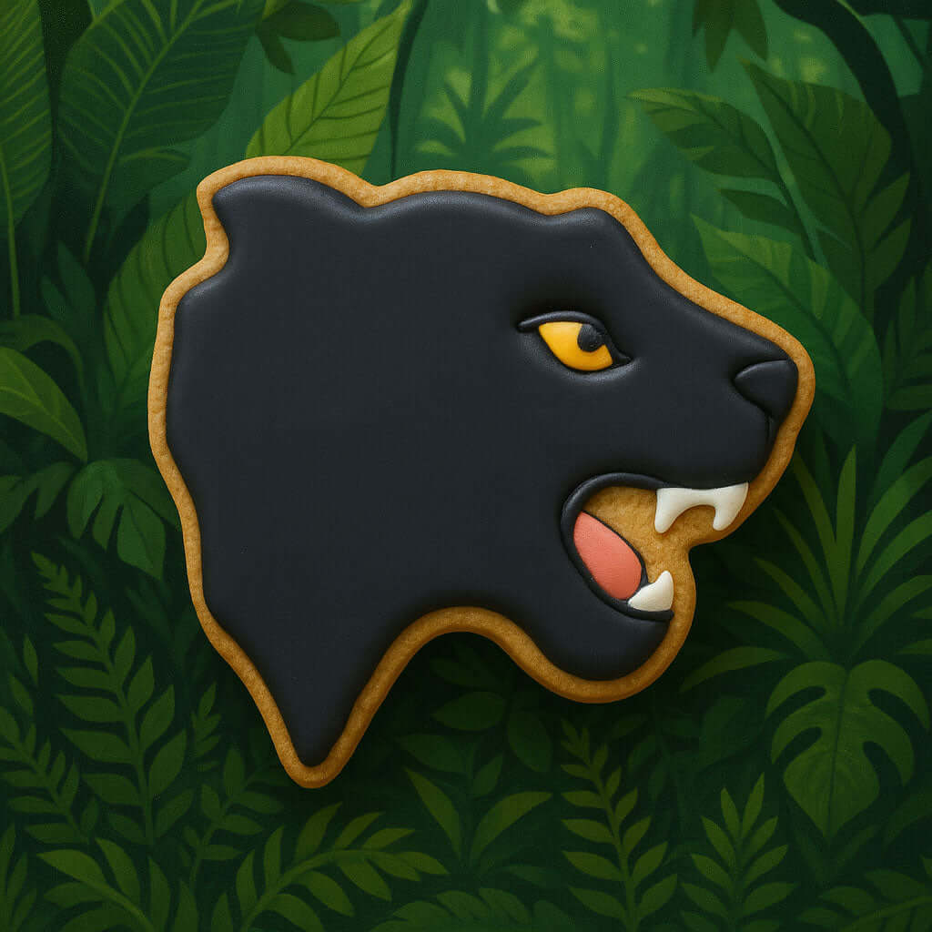 Cookie shaped like a black panther face on a green leafy background from a 3.5 inch Panther Head Metal Cookie Cutter