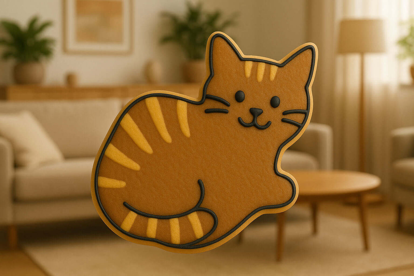orange cat-shaped cookie in a living room setting from a 4 inch Cat Metal Cookie Cutter