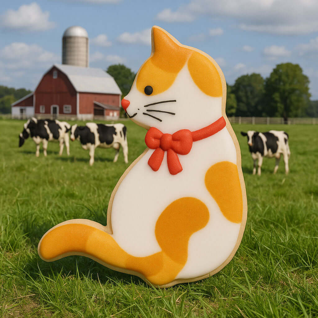 Cat-shaped cookie with orange and white pattern in a field with cows and a barn in the background from a 4.5 inch Cat Metal Cookie Cutter