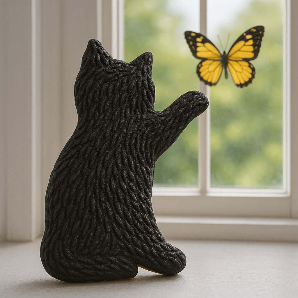 Black cat-shaped cookie with a yellow butterfly on a window sill from a 4 inch Cat Metal Cookie Cutter