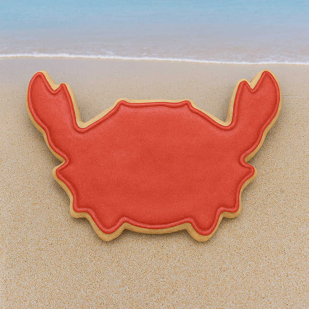 4 inch Crab Metal Cookie Cutter shaped red cookie on sandy beach background