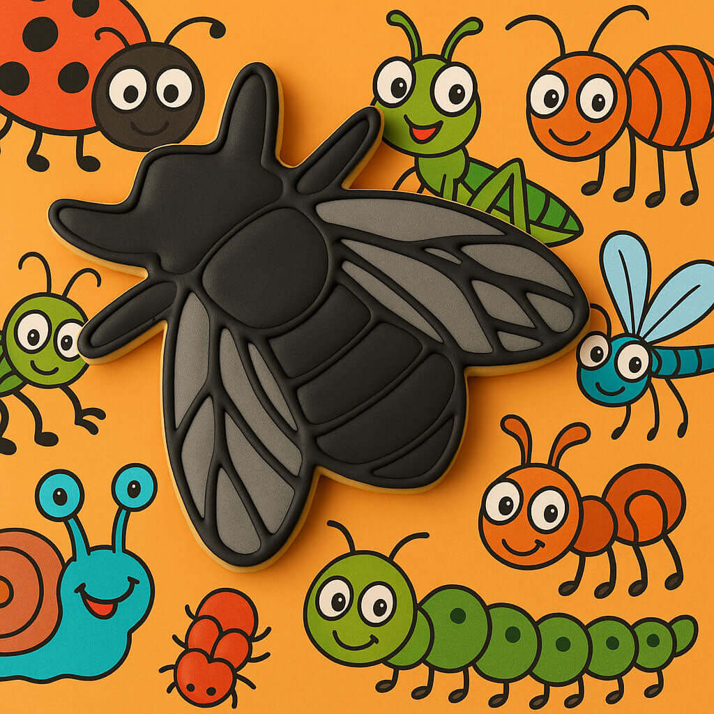 Fly-shaped cookie cutter on an orange background with cartoon insects from a 4 inch Moth or Fly Metal Cookie Cutter