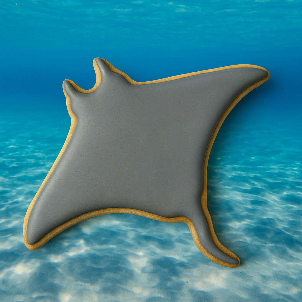 4.5 inch Manta Ray Metal Cookie Cutter shaped cookie on an ocean background.