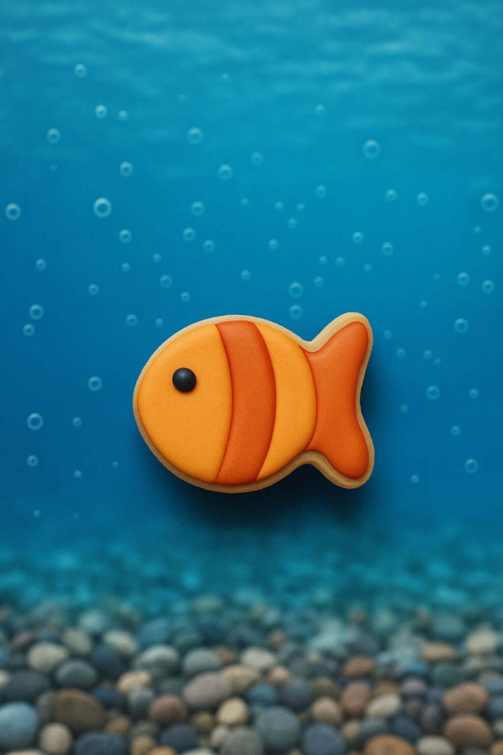 2 inch Fish Metal Cookie Cutter shaped cookie decorated in orange stripes on a blue underwater background.