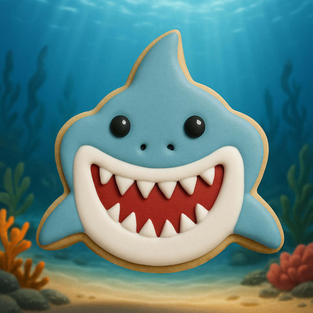 Shark-shaped cookie with a blue body, white teeth, and red mouth on a background of underwater scenery from a 4 inch Shark Metal Cookie Cutter