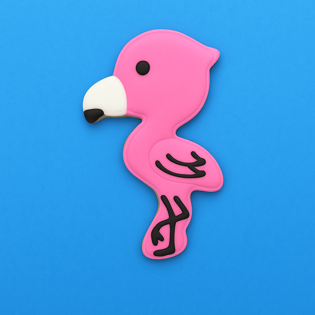 Pink flamingo toy cookie on a blue background from a 4 inch Cartoon Flamingo Metal Cookie Cutter