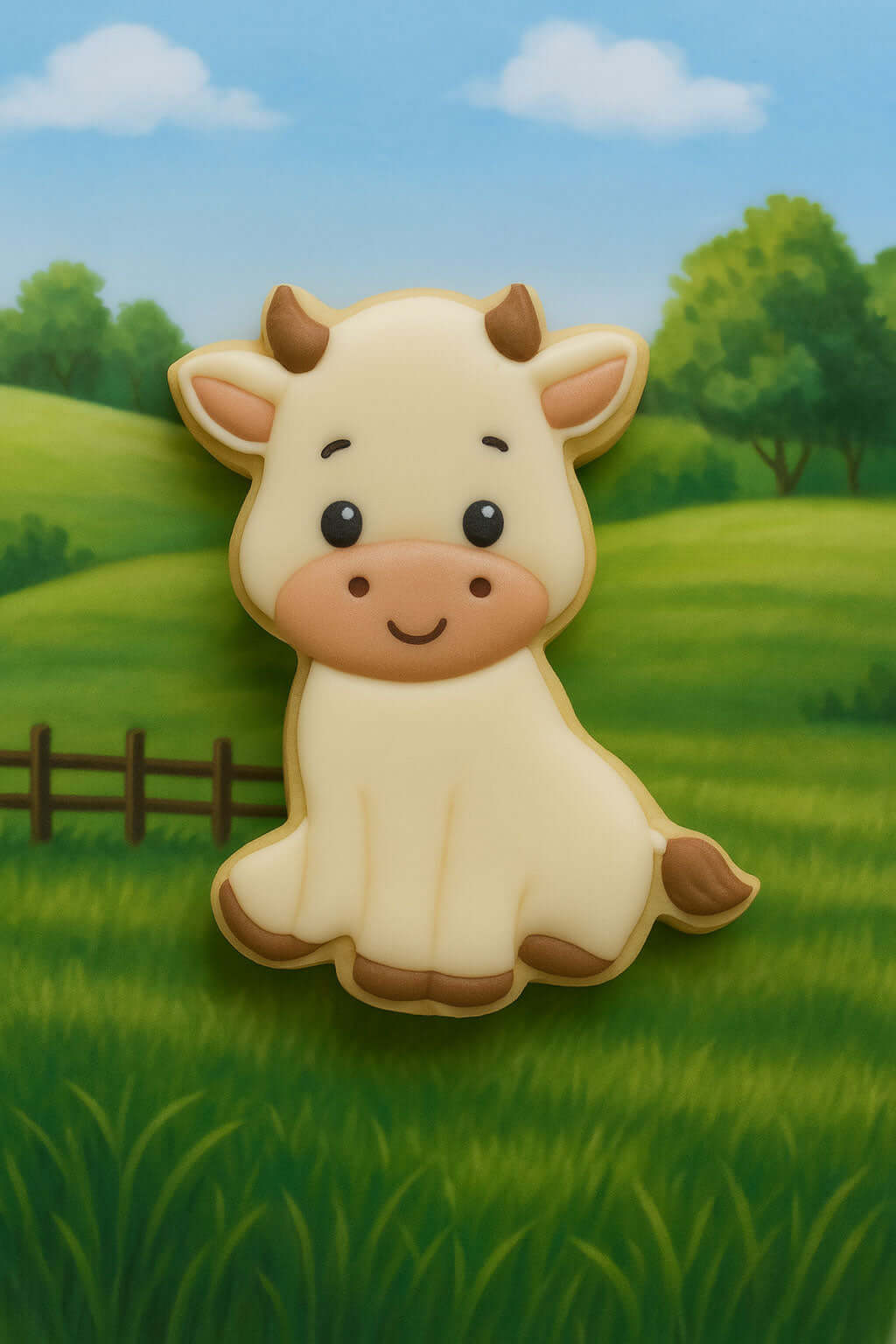 Cartoon cow on a grassy field with a blue sky from a 4 inch Cow Metal Cookie Cutter