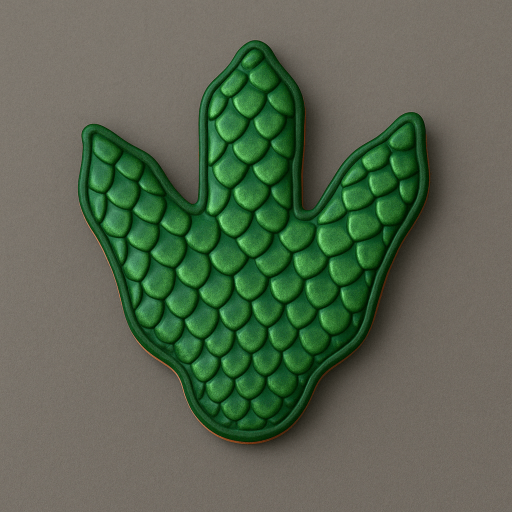 Green dinosaur scale-shaped cookie on a gray background from a 4 inch Dinosaur Foot Print Metal Cookie Cutter