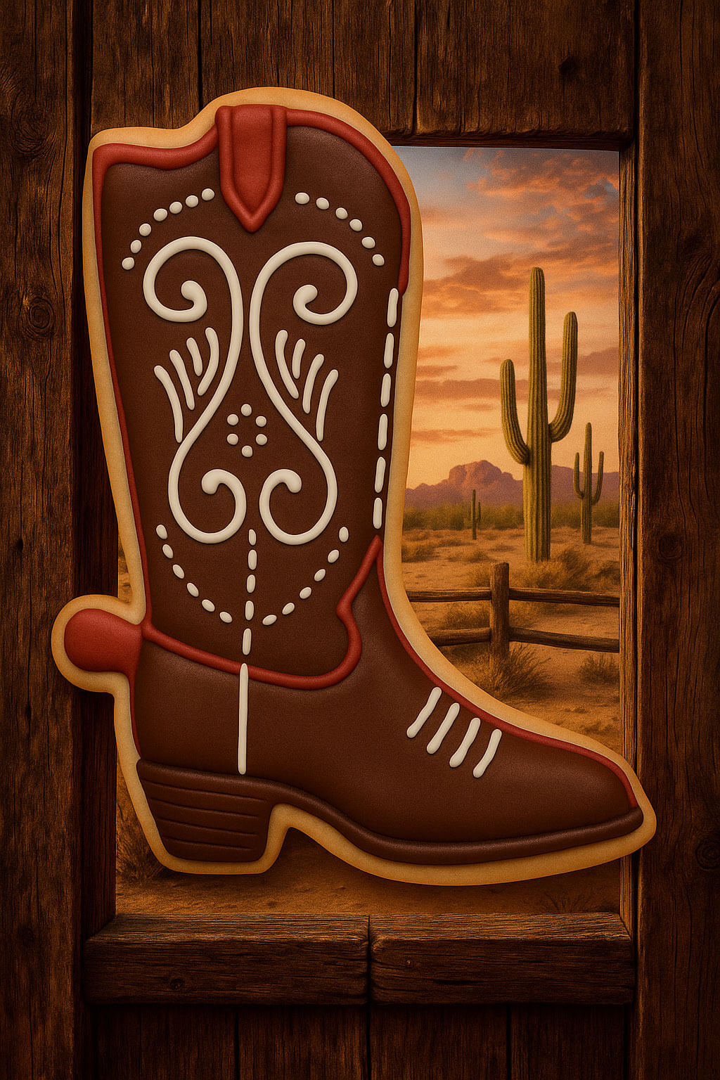Decorative cowboy boot with a desert scene in the background from a 3 inch Cowboy Boot Metal Cookie Cutter