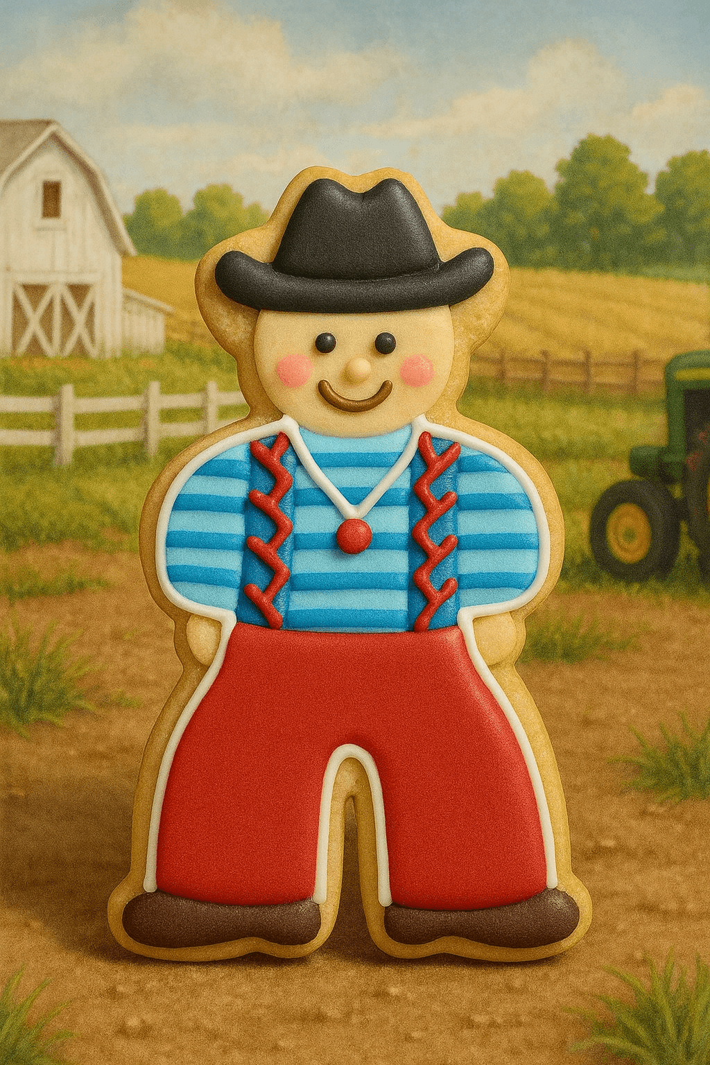 Cookie figurine of a farmer with a hat in a farm setting from a 4 inch Farmer Cowboy Metal Cookie Cutter