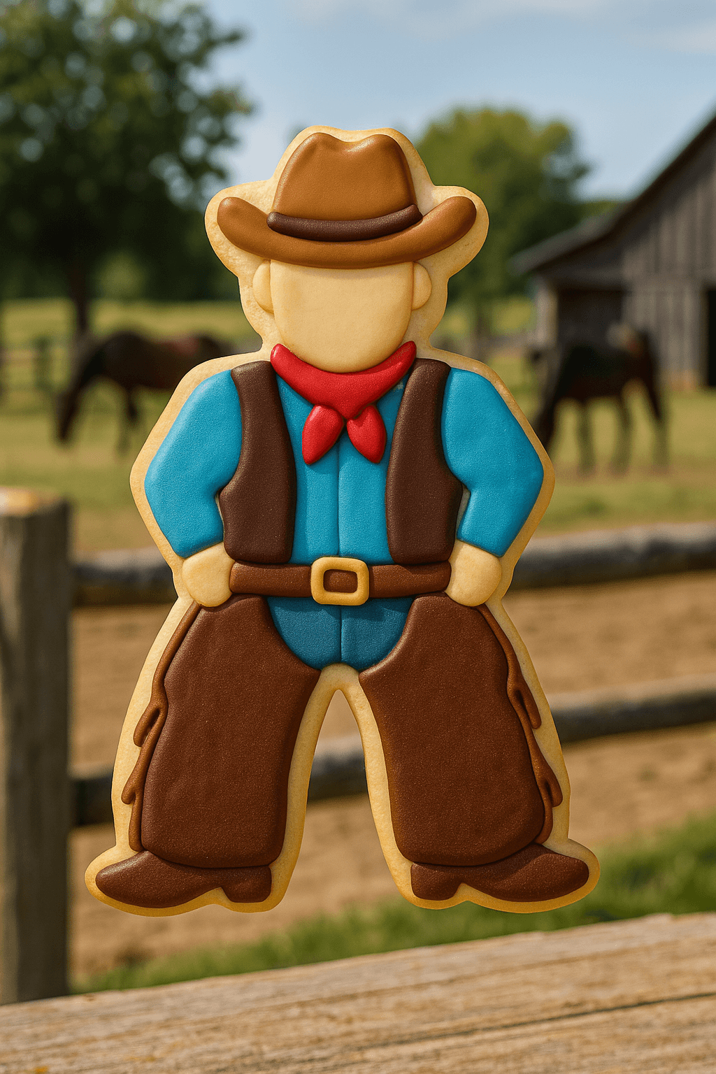 Decorative cookie shaped like a cowboy with a background of a barn and horses from a 4.25 inch Cowboy Metal Cookie Cutter