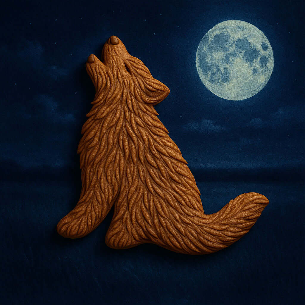 3 inch Coyote Metal Cookie Cutter shaped like a howling coyote against a night sky with a full moon.