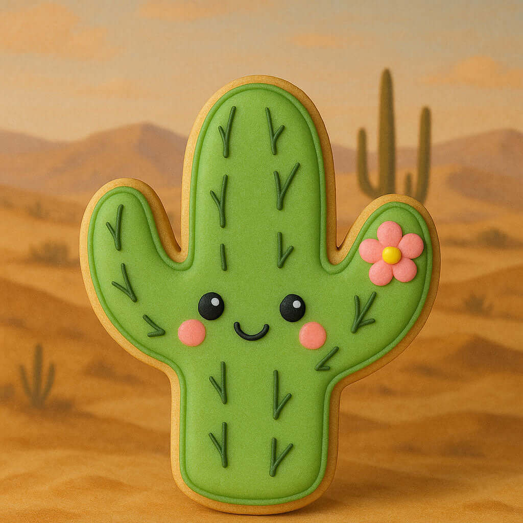 Cactus-shaped cookie with a desert background from a 4 inch Cactus Metal Cookie Cutter