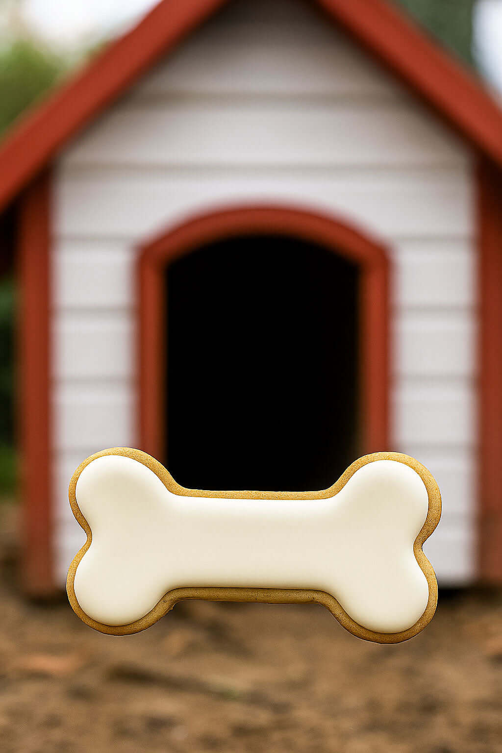Dog bone cookie in front of a doghouse from a 4.5 inch Dog Bone Metal Cookie Cutter