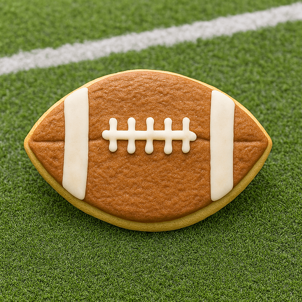Football-shaped cookie on a green field background from a 3.5 inch Football Metal Cookie Cutter
